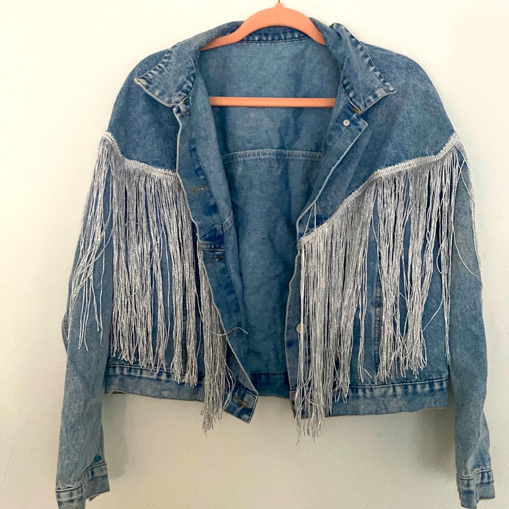 Shein never worn before silver fringe denim jacket
